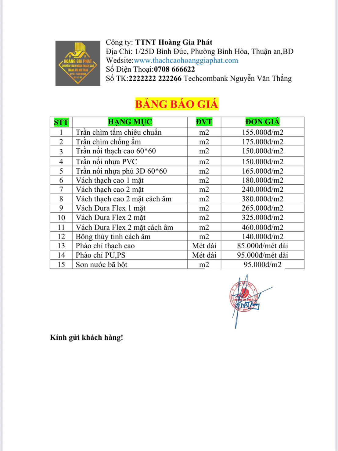 Bảng báo giá mới nhất 2025-2026